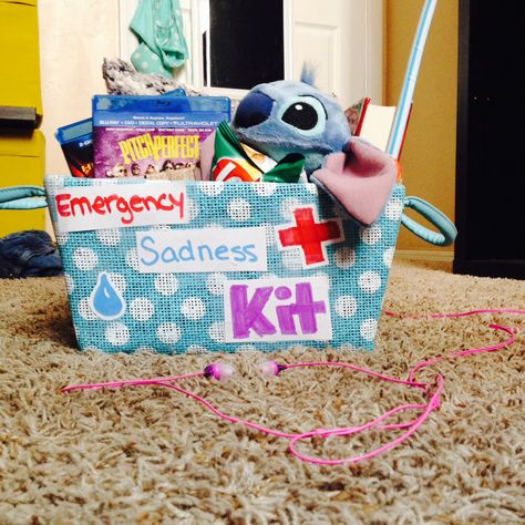 Emergency Sadness Kit: What you need- • a box or basket  • tissues  • your favorite movies  • a fluffy pillow  • a small stuffed animal  • candy and snacks  • your favorite book  • Music ❤️  This idea is not origionally mine, but it is an amazing idea! This is my emergency sadness kit and it includes   • Pitch Perfect and The Hunger Games  • some chips, a pixie stick, a lollypop, and a ring pop • my stitch  •Alliegant  And tissues and a pillow of course. Candy Emergency Kit, Pixie Stick, Sunshine Care Package, Candy Kit, Pixie Sticks, Hunger Games Movies, Godiva Chocolate, Stitch Pillow, Small Stuffed Animals