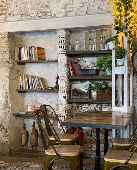 Cafe With Books Coffee Shop, Small Bookstore Cafe Aesthetic, Coffee Shop Bookstore Design, Coffee Shop Book Store Aesthetic, Cottagecore Cafe Interior, Cottagecore Cafe Aesthetic, Vintage Bakery Aesthetic Interior, Cottagecore Coffee Shop, Coffee Shop Owner Aesthetic