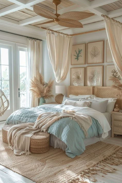 The Coastal Boho Breeze Bedroom is airy and light, with a color palette that reflects the sand, sky, and water. Billowy curtains and sheer fabrics catch the breeze, enhancing the room's natural ventilation. Decor is minimal yet impactful, with focal pieces like a hand-painted coastal scene or a vintage sea glass chandelier. The furniture is a mix of traditional and modern, each piece chosen for its airy feel and natural materials. This bedroom is an embodiment of the lightness and freedom found at the coast, infused with a boho spirit. Discover more coastal boho breeze bedroom designs by clicking or tapping here. Chandelier Beach House, Modern Beach Home Decor, Santorini Bedroom Ideas, Ocean Boho Bedroom, Minimal Coastal Decor, Boho Ocean Bedroom, Costal Boho Room, Bohemian Beach Bedroom Ideas, Beachhouse Bedrooms Aesthetic