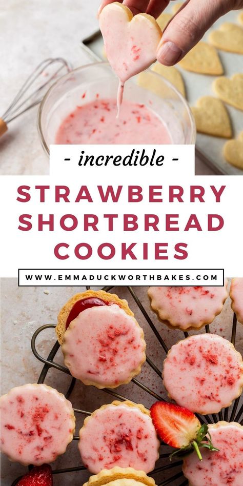 A buttery shortbread sandwich cookie is topped with a fresh strawberry glaze and filled with sweet strawberry jam making this an all-year-round treat. Jam Sandwich Cookies, Strawberry Butter Cookies, Strawberry Shortbread Cookies Recipe, Shortbread Cookies With Jam, Fresh Strawberry Glaze, Strawberry Shortbread Cookies, Refreshing Dessert Recipes, Peanut Butter Healthy, Strawberry Shortbread