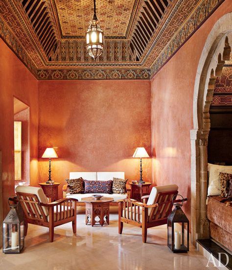 Art dealer Dorothea McKenna Elkon and designer Salem Grassi do Moroccan decor right at their home in the storied port of Essaouira. The seating in the ground-floor salon is made of thuya wood. | archdigest.com Moroccan Courtyard, El Fenn, Moroccan Inspiration, Colorful Interior Design, Tuscan Design, Moroccan Homes, Moroccan Interiors, Mediterranean Decor, Tuscan Decorating