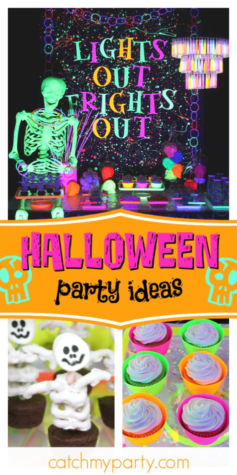 Halloween Glow Party Classroom, 18th Halloween Birthday Party Ideas, 80s Halloween Party Ideas, Diy Black Light Halloween Decorations, Lights Out Frights Out, Halloween Glow In The Dark Party, Halloween Glow Party Ideas, Neon Halloween Party Ideas, Black Light Halloween Party Ideas