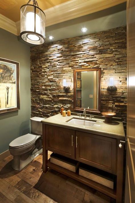 Stone wall Craftsman Bathroom, Grey Bathroom Vanity, Stone Backsplash, Bathroom Themes, Stone Walls, Basement Bathroom, Grey Bathrooms, Bath Room, Bathroom Renos