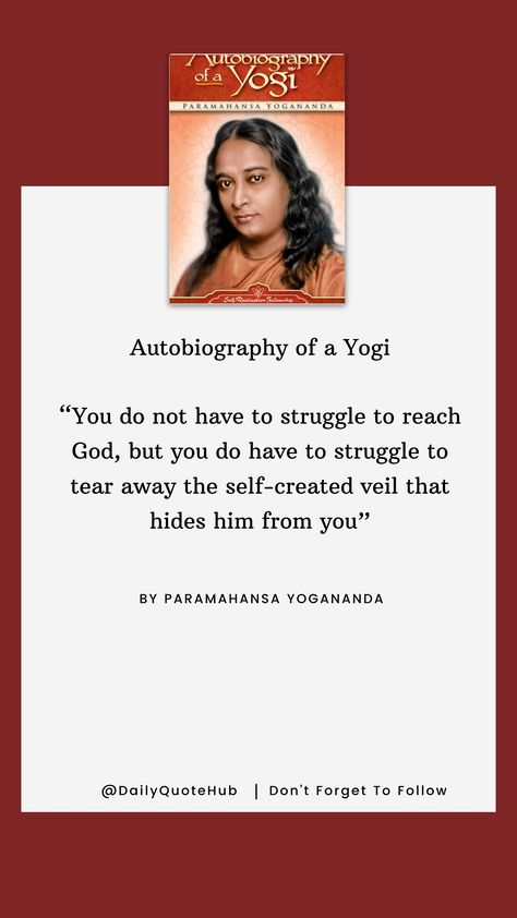 "Autobiography of a Yogi" is a spiritual classic that recounts the life of Paramahansa Yogananda, tracing his journey from a young seeker in India to becoming a renowned spiritual leader in the West. It explores his encounters with spiritual masters, teachings on meditation, and insights into the unity of all religions. #SpiritualJourney Paramahansa Yogananda Quotes, Yogananda Quotes, Autobiography Of A Yogi, Streak Ideas, Paramahansa Yogananda, Snap Streak Ideas Easy, Snap Streak, Spiritual Leader, Spiritual Journey