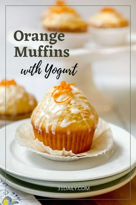 These lofty Orange Yogurt Muffins are soft and light, filled with citrus flavor from fresh orange juice and zest. Made with yogurt, they're a bit healthier and are perfect for brunch, Easter, or any time you're craving the sweet flavor of orange. Orange Yogurt Muffins, Orange Brunch Food, Muffins Made With Yogurt, Orange Breakfast Recipes, Orange Muffins Recipes, Orange Recipes Healthy, Citrus Muffins, Orange Muffins Healthy, Quick Bakes