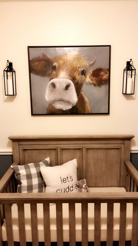 Farmhouse style nursery for our sweet boy! Grandmas House Nursery, Nursery Ideas Farmhouse, Nursery Cow Theme, Farmhouse Nursery Girl, Farmhouse Nursery Neutral, Cow Nursery Boy, Cow Nursery Ideas, Farmhouse Nursery Boy, Farmhouse Baby Nursery