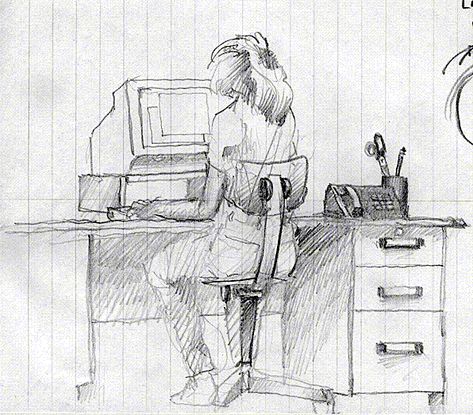 Desk Drawing Aesthetic, Person On Computer Drawing Reference, Sitting In Office Chair Pose Reference, Sitting Desk Pose Reference, Phone On Table Drawing, Office Drawing References, Sitting At Desk Poses, Sitting In Desk Reference, Sitting At Computer