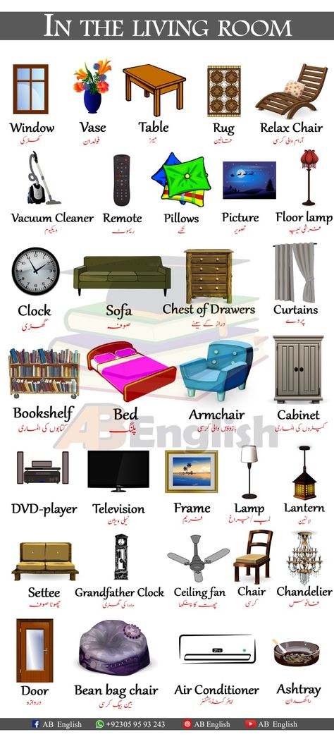 Learn living room items names in English Home Vocabulary English, Living Room Vocabulary, Room Vocabulary, Descriptive Text, Basic English Sentences, Room Things, To Learn English, Carpenter Tools, First Day Of School Activities