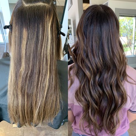 Mocha Balayage Hair, Brunette Hair Gloss, Brunette Hair Transformation, Hair Glaze Before And After Brunettes, Hair Glaze, Brunette Balayage, Dimensional Brunette, Hair Gloss, Balayage Brunette