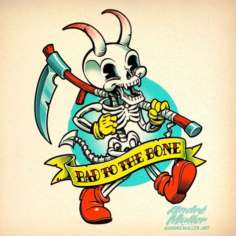 Bad To The Bone Tattoo, Lowbrow Art Illustration, 50s Cartoon, Procreate App Tutorial, Tattoo Concepts, Visual Puns, Bone Tattoos, Rubber Hose, New School Tattoo