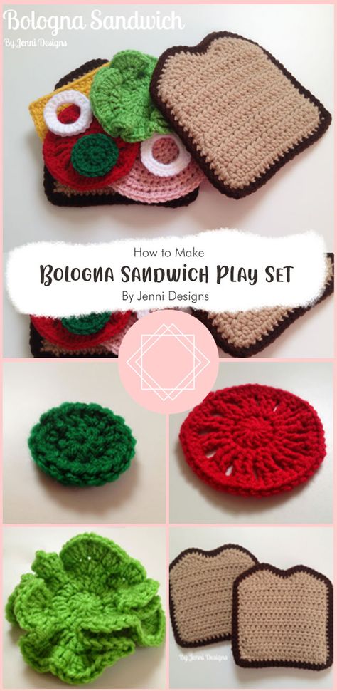 Easy-to-follow patterns for this bologna sandwich play set! This pattern makes a great gift for that little one in your life. It works up quickly and easy to follow. Crochet Tomato Slice Free Pattern, Crochet Play Sets Free Pattern, Crochet Tomato Slice, Crochet Sandwich Pattern Free, Sandwich Crochet Pattern, Crochet Sandwich, Sandwich Crochet, Crochet Play Food, Crochet Play Food Free Pattern