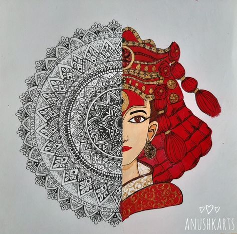 Representing nepali culture through art. Kumari, or Kumari Devi, or Living Goddess is the tradition of worshiping young prepubescent girls as manifestations of the divine female energy or devi in Hindu and Buddhist religious traditions in Nepal. The word Kumari is derived from the Sanskrit Kaumarya, meaning "Young". #anushkarts #mandala #mandalalovers #acrylicpainting #halfmandala #nepaliculture Nepali Art Design, Kumari Drawings, Nepali Culture Drawing, Kathakali Mandala Art, Nepali Art, Kumari Goddess, Nepali Art Paintings, Nepali Culture Art, Nepal Art Painting