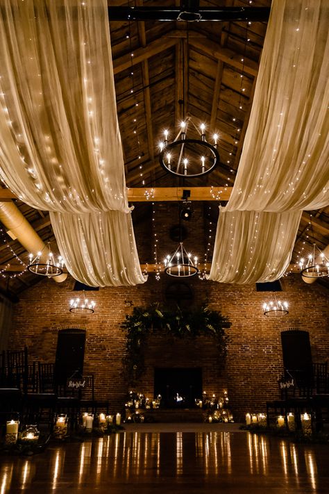 Dark Ceremony Wedding, Wedding Inside Receptions, Candle Wedding Arch, Industrial Wedding Drapery, Candle Wedding Aesthetic, Indoor Wedding Ceremony Decorations Aisle, Candle Lit Wedding Ceremony Indoor, The Cork Factory Hotel Wedding, Candle Lined Aisle Wedding