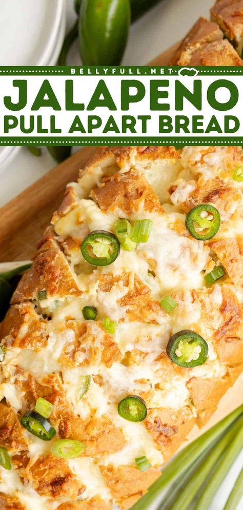 "Jalapeño Pull Apart Bread features French bread stuffed with diced jalapeños and a flavorful creamy cheese mixture, then basted with garlic butter before baking to melty perfection. A game day hit and perfect as an appetizer for any meal.

" Jalapeno Pull Apart Bread, Appetizers For Football Party, Monkey Bread Apple, Best Football Appetizers, Apple Bread Easy, Easy Football Food, Appetizers For Football, Easy Game Day Food, Homemade Sandwich Bread