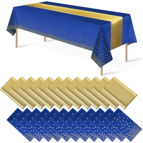 PRICES MAY VARY. Satin What you will get: the package includes 12 pcs blue and gold confetti dot plastic tablecloth and 12 pcs gold satin table runner, specific color as the picture shown, nice combination for you to use in daily life or important occasions enhancing the atmosphere for your event. Classic design: the blue gold rectangle table cloth is designed with the blue colors background and printed with gold foil polka dot，the table runner is made of satin, silky and smooth, thick and durab Table Runner For Wedding, Satin Table Runner, Gold Tablecloth, Table Cloth Decorations, New Year's Party Decorations, Gold Dot, Birthday Party Tables, Party Table Cloth, Royal Blue And Gold