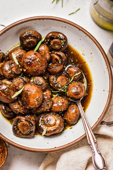 Balsamic Marinated Mushrooms, Balsamic Portobello Mushrooms, Marinated Mushrooms For Steak, Mini Portabella Mushroom Recipes, Marinated Portabella Mushrooms, Balsamic Mushrooms Sauteed, Smoked Mushrooms, Pickled Mushrooms Recipe, Mushroom Side Dish Recipes