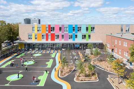 This new elementary school is part of a residential neighbourhood that includes several circus institutions (TOHU, National Circus School), a CHSLD and Frédéric-Back Park. A re-envisioned elementary school — With its open architecture, the new school consolidates the existing fabric by transforming a formerly abandoned site into a dynamic hub which improves community life. The […] Acton Academy, Elementary School Architecture, Community Life, Modern School, Open Architecture, Modern Classroom, Canada City, Urban Agriculture, Urban Fabric