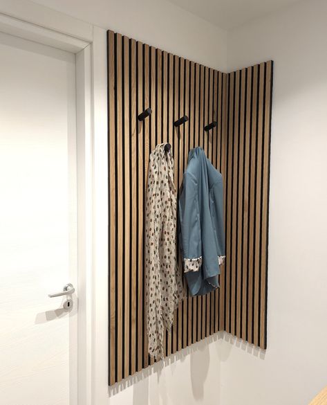 Wooden slat wall, wall panels & acoustic panels » WoodUpp Slat Wall With Hooks, Akupanel Wall, Hallway Coat Hanger, Wooden Slat Wall, Hallway Makeover, Wooden Coat Hangers, Mudroom Bench Plans, Home Hall Design, Wood Slat Wall