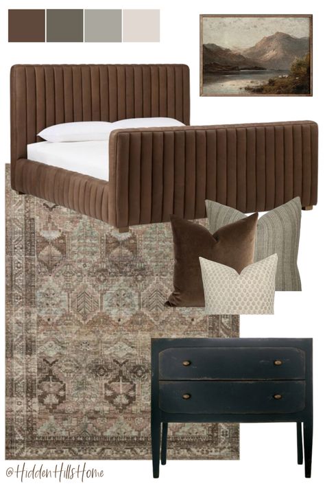 Moody bedroom decor ideas, cozy and dark bedroom decor mood board Bronze Bedroom, Dark Brown Bedrooms, Moody Bedroom Decor, Olive Green Bedrooms, Dark And Moody Bedroom, Moody Bedroom Ideas, Brown Headboard, Brown Furniture Bedroom, Dark Bedroom Furniture