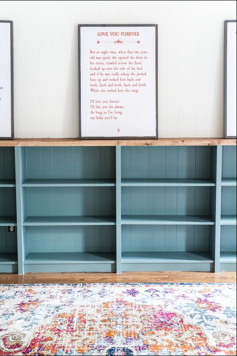 Billy Bookcase Wood Top, Built In Shelves Small Spaces, Ikea Billy Short Bookcase, Diy Custom Bookshelves Built Ins, Making Bookshelves Look Like Built Ins, Long Bookshelf Low Bookcase Diy, Diy Large Bookcase, Ikea Short Billy Bookcase Hack, Billy Bookcase Upcycle