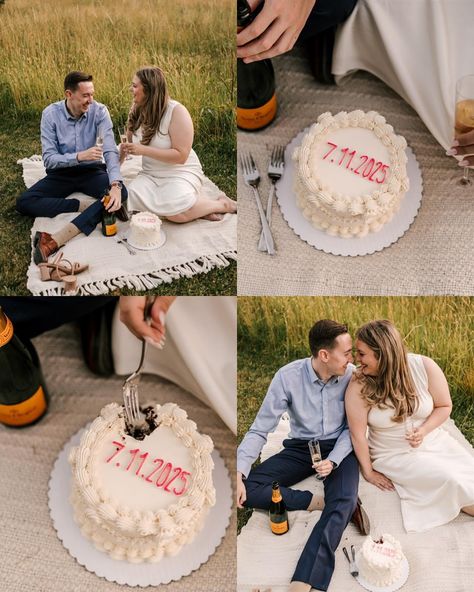 Who needs to wait for wedding cake?! The celebration starts NOW. Natalie & David having a cake & champagne picnic. 🤍🤍 . #cake #weddingcake #letthemeatcake #njengagement #njengagementphotographer #newjerseyengaged #njbride #njwedding #njweddingphotographer #newjerseyweddingphotographer #thefoxandthehare #ringwoodnj Anniversary Cake Photoshoot, Engagement Pictures With Cake, Fall Picnic Engagement Photos, Engagement Photos Cake, Cake Engagement Photos, Engagement Photos With Cake, Courthouse Wedding Ideas, Champagne Picnic, Picnic Shoot