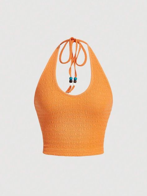 SHEIN MOD Orange Halter Neck Top | SHEIN Textured Tank Top, Slim Fit Crop Top, Spring Break Outfit, Orange Outfit, Plus Size Tank Tops, Halter Neck Top, Cami Crop Top, Halter Crop Top, Striped Crop Top