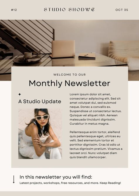 Beige Aesthetic Marketing Studio Monthly Newsletter - Templates by Canva Aesthetic Newsletter, Newsletter Aesthetic, Aesthetic Marketing, Monthly Newsletter Template, Marketing Studio, Newsletter Template, Monthly Newsletter, Marketing Logo, Collaborative Learning