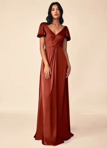 Red / Terracotta / Stretch Satin Bridesmaid Dresses | Azazie Satin Dress Bridesmaid, Copper Bridesmaid Dresses, Bridesmaids Party, Rust Bridesmaid Dress, Bridesmaid Dresses Azazie, Emerald Bridesmaid Dresses, Stretch Satin Dress, Rose Bridesmaid Dresses, Azazie Dresses