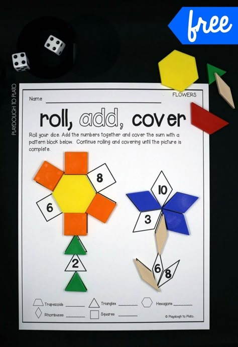 Awesome Roll and Cover Shape Game! Roll the dice, add the numbers together and cover the sum. Fun math center or addition idea. Roll And Cover, The Measured Mom, Measured Mom, Playdough To Plato, Shape Games, Math Intervention, Kindergarten Math Activities, Roll The Dice, Math Addition