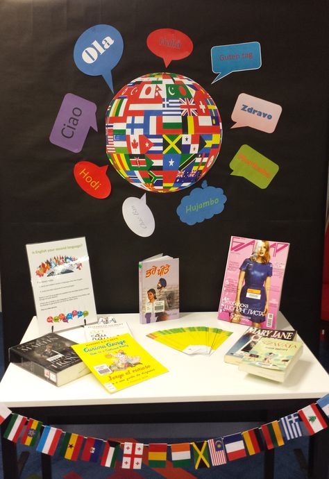 Foreign language display Queanbeyan City Library Library Exhibition Ideas, Eal Classroom Displays, Display Board Ideas, Culture Fair, Book Exhibition, Reading Display, International Friendship Day, Bilingual Classroom, Language Centers