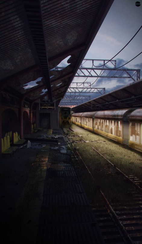 Book Of The Damned, Post Apocalyptic Games, Apocalypse Landscape, Post Apocalyptic City, Dystopian Aesthetic, Abandoned Train Station, Dark Punk, Apocalypse Aesthetic, Post Apo