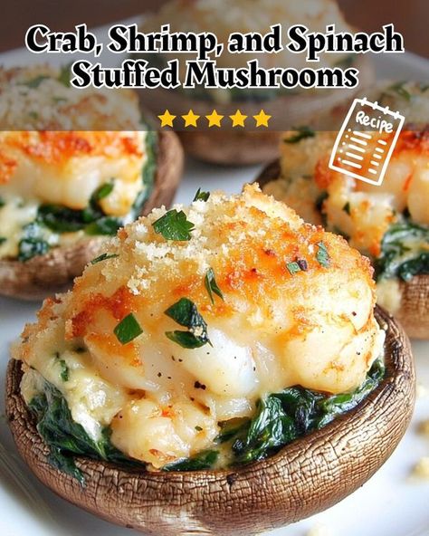 Yummy Food | Crab, Shrimp, and Spinach Stuffed Mushrooms | Facebook Crab Stuffed Mushroom Recipes, Gluten Free Shrimp Appetizers, Stuffed Mushrooms With Crab, Ultimate Chili Recipe, Healthy Stuffed Mushrooms, Seafood Stuffed Mushrooms, Shrimp And Spinach, Shrimp Stuffed Mushrooms, Canned Crab Meat