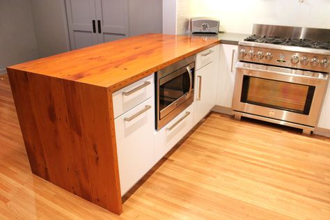 Doug Fir Waterfall Countertop - TREELINE® | Made in Los Angeles Waterfall Kitchen Countertop, Waterfall Wood Countertop, Wood Waterfall, Waterfall Kitchen, Waterfall Countertop, Type Of Wood, Wood Countertop, Modern Colonial, Reclaimed Lumber