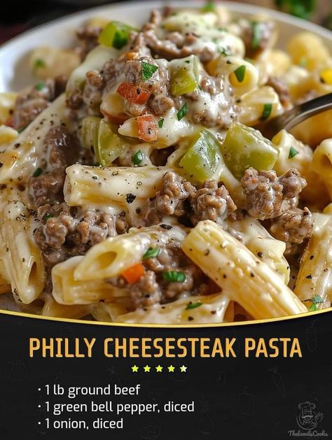 Grandma Tasty Recipes | Philly Cheesesteak Pasta | Facebook Philly Cheesesteak Pasta, Cheesesteak Pasta, Steak Pasta, Sliced Steak, Philly Cheese, Green Bell Pepper, Pasta Ingredients, Philly Cheesesteak, Philly Cheese Steak