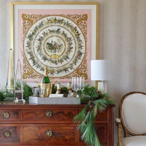 Beautiful framed Hermes scarf above a bar - Huff Harrington Design in Atlanta Holiday home. Harrison Design, Anna French, Pink Holiday, Romantic Colors, Cabinetry Design, Shabby Chic Pink, White Christmas Decor, Atlanta Homes, Hello Lovely