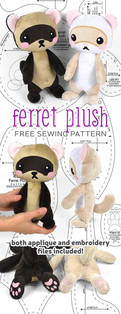 Free Pattern Friday! Ferret Plush | Choly Knight Ferret Plush, Choly Knight, Diy Sy, Animal Sewing Patterns, Plushie Patterns, Sewing Stuffed Animals, Plush Pattern, Sewing Toys, Diy Couture