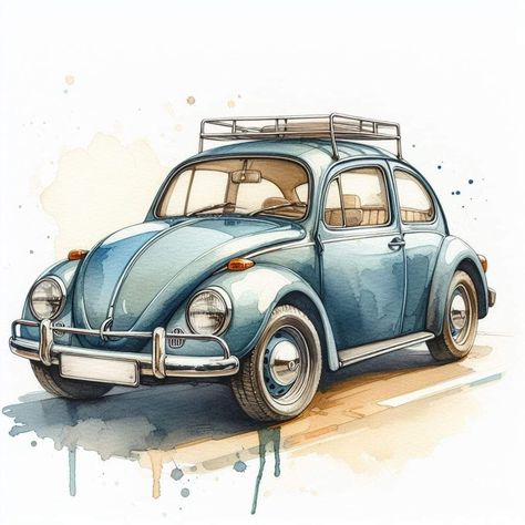 Car Watercolor Painting, Beetle Drawing, Vw Art, Car Signs, Cad Blocks, Eye Photography, Vintage Poster Art, Car Drawings, Vw Beetle