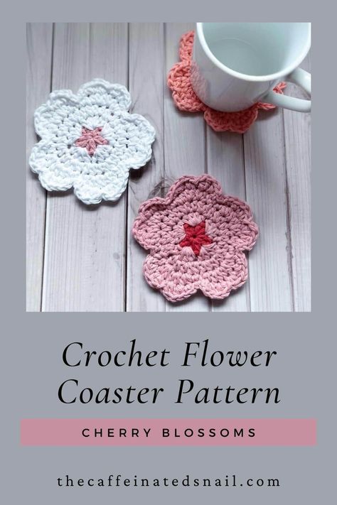 Spring is here and what better way to welcome it than to drink your tea with a cute Crochet Flower Coaster. These crochet Sakura or cherry blossom coasters look difficult to make, but are easy to do for intermediate crocheters! Crochet Flower Pot Holder, Crochet Heart Coasters Free Pattern, Flower Coaster Crochet Pattern Free, Crochet Flower Coaster Pattern, Flower Coaster Pattern, Crochet Flower Pot, Crochet Flower Coaster, Flower Colouring In, Flower Coaster