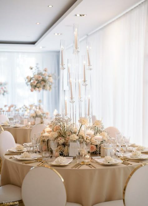 Rose Gold And White Wedding Decorations, Beige Gold Wedding Theme, Nude Wedding Theme, Beige Wedding Decor, Beige Wedding Theme, Candle Centrepiece, Wedding Elegant Classy, Wedding At Lake, Nude Wedding