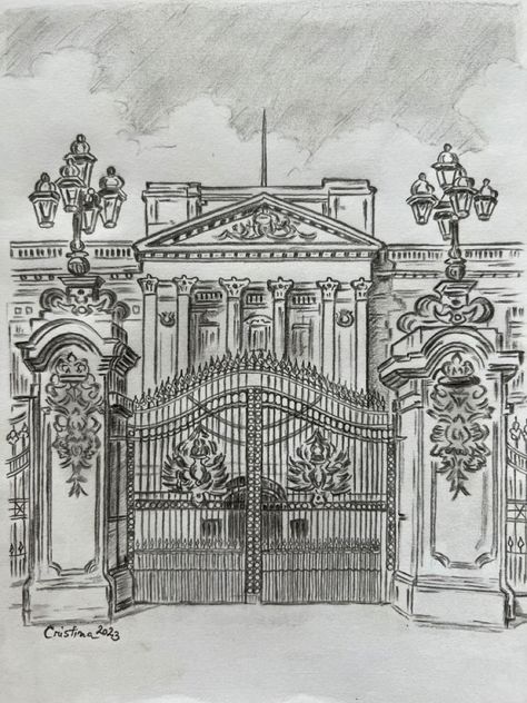 London Architecture Drawing, Palace Drawing Easy, London Drawing Sketches, Buckingham Palace Drawing, City View Drawing, Palace Sketch, London Art Drawing, Palace Drawing, London Sketch