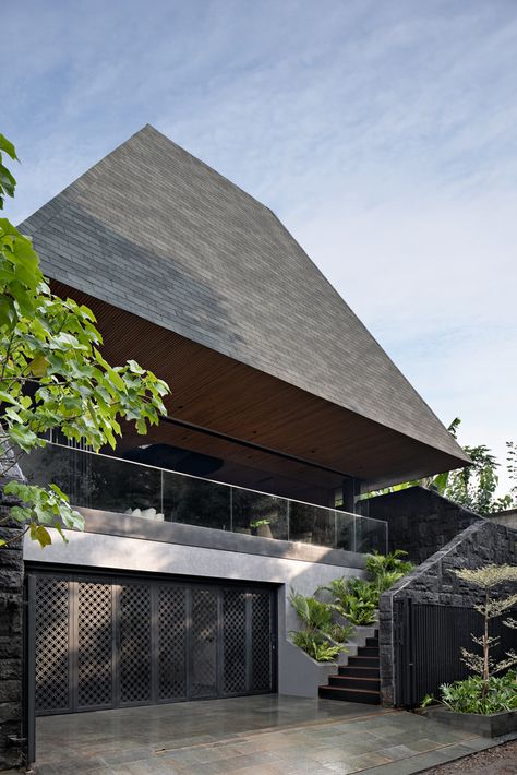 Indonesian House, Pyramid Roof, Gambrel Style, Slanted Walls, External Staircase, Barn House Design, Dauphin Island, Contemporary Building, Roof Architecture