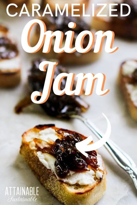 his savory sweet caramelized onion jam recipe is a great way to preserve onions from the garden. The word “jam” might make you think “toast” but one taste will broaden your scope. Use this onion jam as a condiment to spice up meat dishes or slather it on a grilled cheese sandwich for a divine meal. Preserve Onions, Caramelized Onion Jam, Onion Jam Recipe, Homemade French Onion Dip, Bacon Jam Recipe, Balsamic Vinegar Recipes, Gourmet Appetizers, Jam Recipes Homemade, Onion Jam