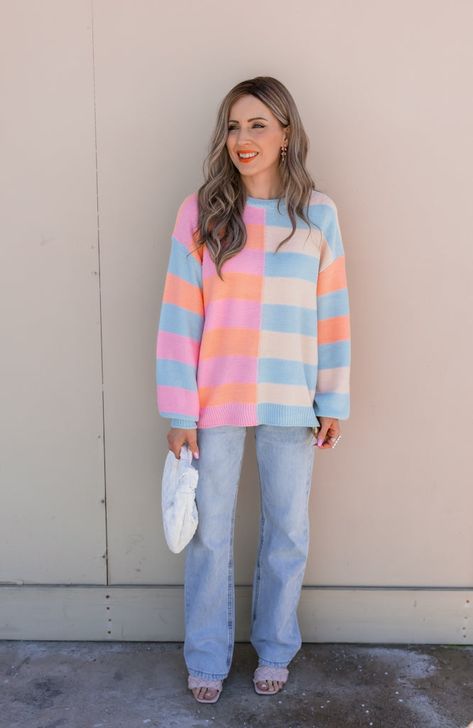 Fun Pastel Outfits, Color Blocking Sweater, Trendy Outfits Colorful, Fun Casual Outfits For Women, Bubbly Outfits, Pop Of Color Outfits, Colorblock Outfits, Cute Colorful Outfits, Fun Sweaters