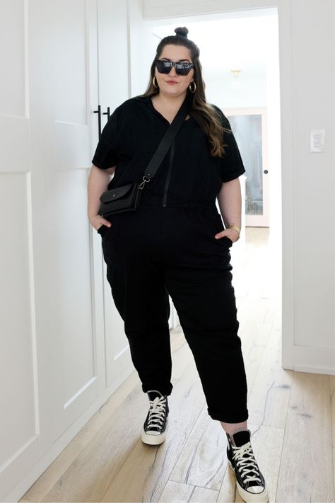 Black Top And Jeans Outfit Plus Size, Jumpsuit Plus Size Casual, Tomboy Plus Size Outfits, Plus Size Looks Casual, Cool Plus Size Outfits, Black Outfits Plus Size, 2023 Plus Size Outfits, All Black Outfit Plus Size, Everyday Outfits Plus Size