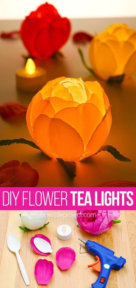 Use plastic spoons and faux flower petals to make a beautiful flower tealight! This flameless tealight candle flickers and glows beautifully in the dark, illuminating the DIY flower. They make great homemade decorations for parties or weddings! It's such a fun and easy spring and summer craft, and you can buy the simple craft supplies at the dollar store! Led Tea Light Crafts, Craft With Tea Lights, Fairy Lights Diy Ideas, Floral Design Class Projects, Diy Craft Class Ideas, Tea Light Decorating Ideas, Diy Paper Centerpieces, Garden Party For Adults, Wedding Arts And Crafts