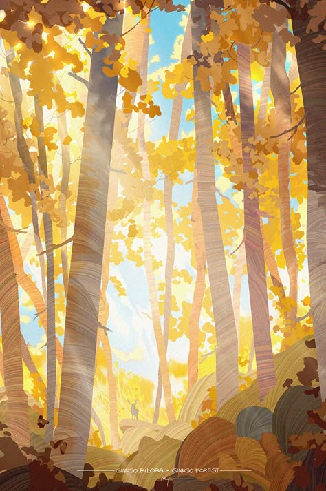 Light Studies, Yellow Landscape, Large Trees, Illustration Kunst, Forest Illustration, Landscape Concept, Oita, Ginkgo Biloba, Environment Art