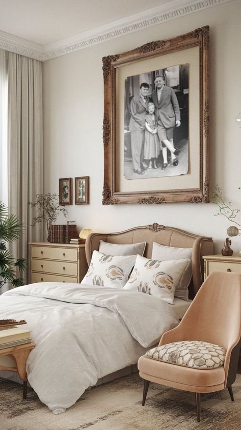 modern grandma core bedroom with a large family portrait above bed. Grandmacore Bedroom, Cottagecore Bedroom Ideas, Grandmacore Aesthetic, Hygge Bedroom, Cottagecore Bedroom, Simpler Times, Vintage Inspired Decor, Chic Spaces, Grandma Core