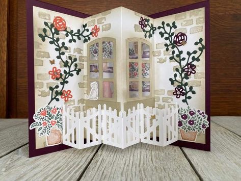 Stampin Up Window Flower Box Dies, Welcoming Windows Stampin Up Cards, Welcome Window Stampin Up Cards, Stampin Up Welcoming Window, Stampin Up Welcoming Window Cards, Fancy Fold Cards Tutorials, Gardening Cards, Cards On The Table, Fancy Fold Card Tutorials