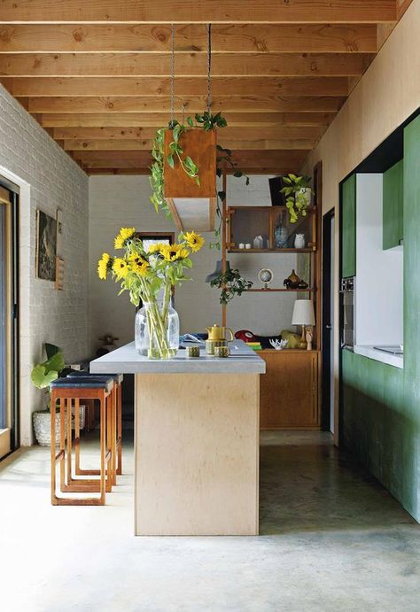 This small eco-friendly house in Perth is full of clever ideas | Inside Out Exposed Concrete Ceiling, Decorated Ceiling, Exposed Beams Ceiling, Painted Brick Walls, Jade Design, Concrete Ceiling, Timber Ceiling, Industrial Style Kitchen, Ceiling Ideas