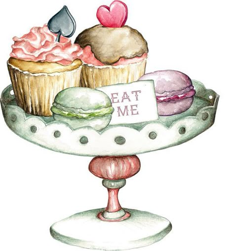 Decoupage Paper Printable, Cupcake Art, Decoupage Vintage, Alice In Wonderland Party, 수채화 그림, Clip Arts, Food Illustration, Tea Art, Dessin Adorable